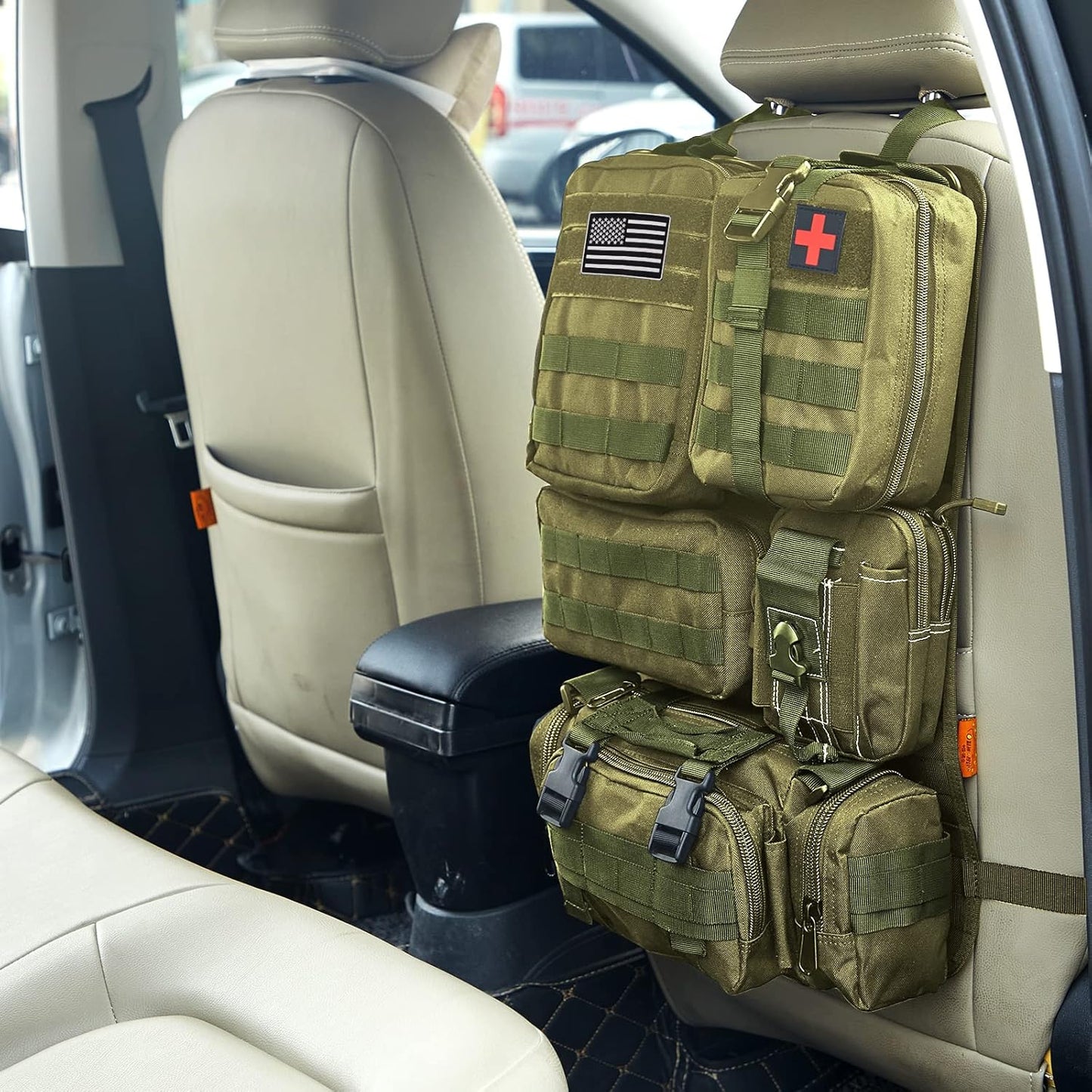 Universal Tactical Seat Back Organizer Vehicle Molle Panel Organizer Storage Bag with 5 Detachable Molle Pouch for All Vehicel Such as Jeep,Truck,SUV, Car, Ford,Chevy etc