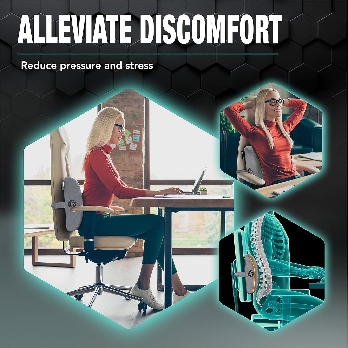 SAMSONITE Lumbar Support Pillow for Office Chair and Car Seat, Perfectly Balanced Memory Foam, Versatile Use Lower Back Cushion, Gray