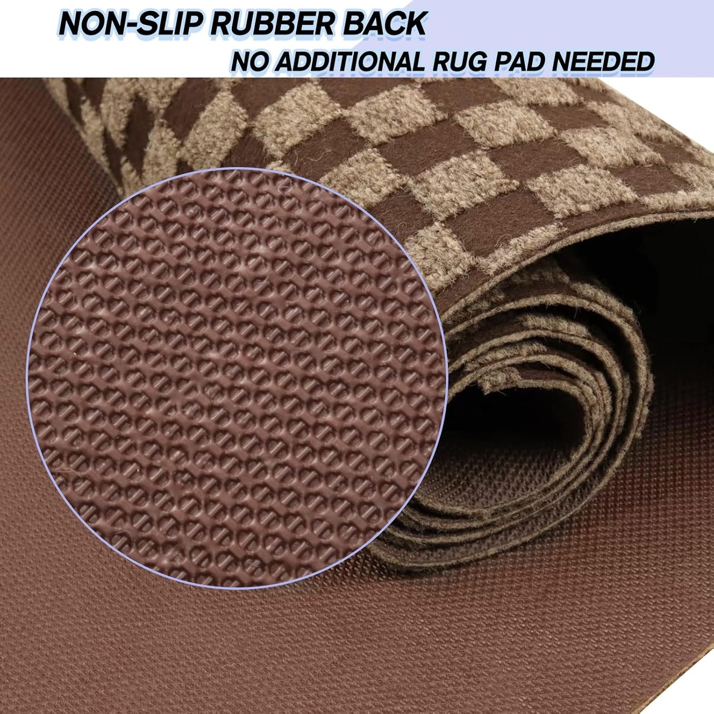 Custom Size Backed Non-Slip Area Rugs Runner, Easy Clean, Waterproof Runner Rugs for Hallway Entryway, Kitchen, Laundry, 2FT x 54FT, Brown Checkered