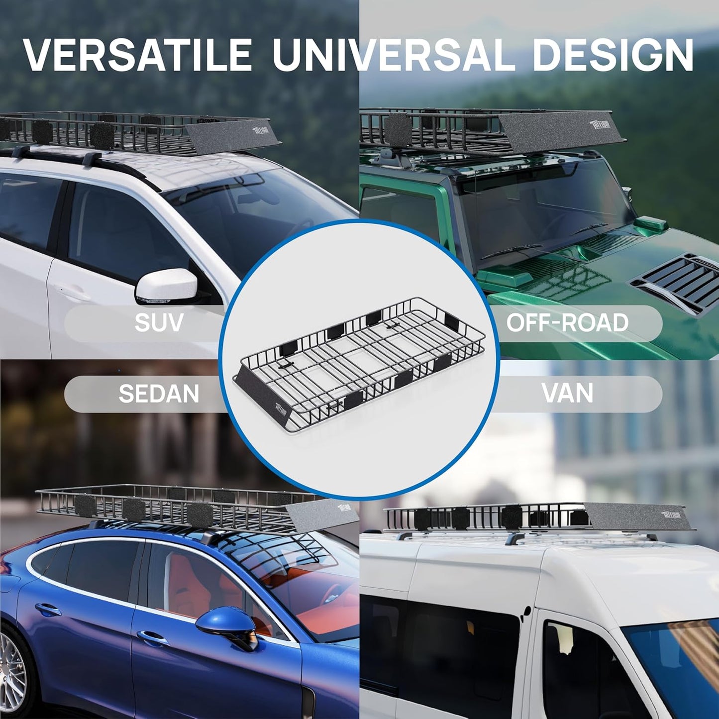 TUFFIOM 84"x 39"x 6" Universal Rooftop Cargo Carrier Basket, Extendable Steel Roof Rack Basket w/Net+Storage Bag+Pedal+Straps, Heavy Duty Car Top Rack Luggage Holder Carrier for SUV Car Truck Van