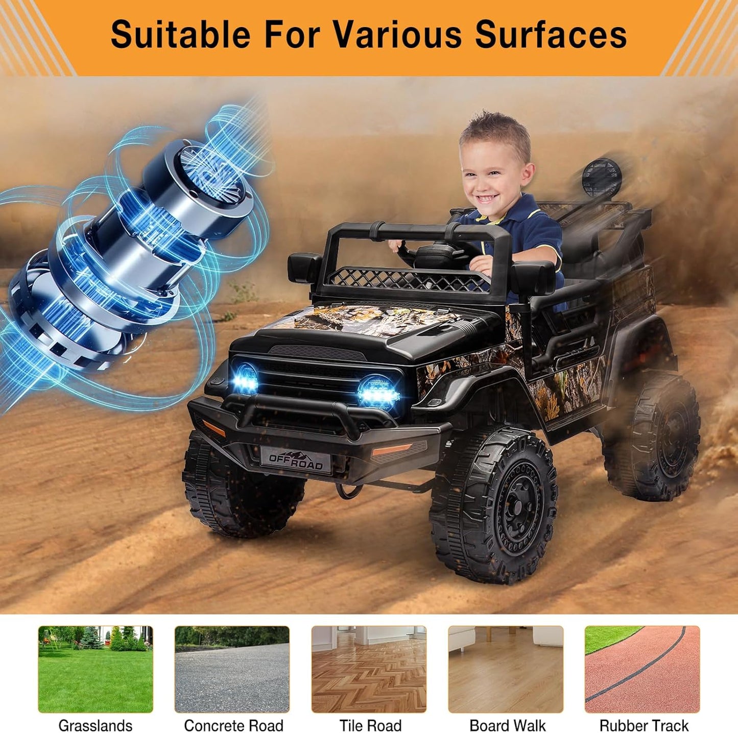 Garvee 12V Kids Ride On Truck Car with Remote Control - Electric Ride On Toys for Toddlers, Spring Suspension, 3 Speeds, LED Lights, Bluetooth Music & Parent Safety Brake