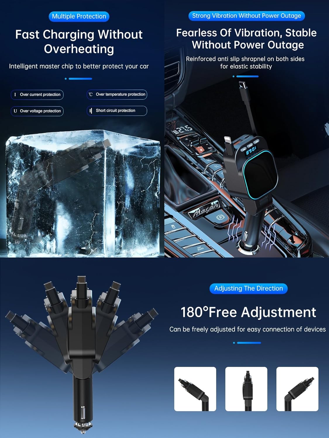 Retractable Car Charger 96W with Bluetooth Car Adapter, 4 in 1 Fast Charging, Radio Bluetooth 5.3 FM Transmitter, Handsfree Calling, USB C Phone car Charger Adapter for iPhone 16 15 14 13 12