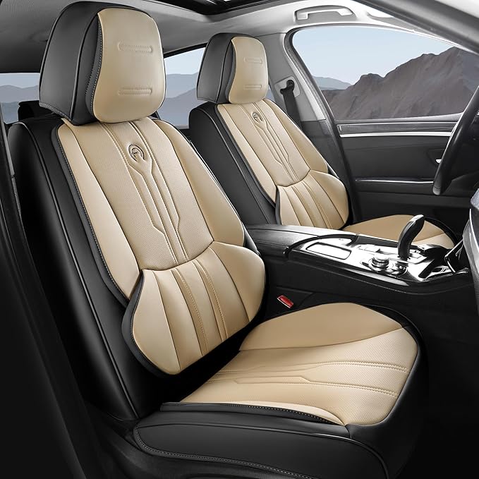 Car Seat Covers Custom Fit for Ford F150 2009-2026,Faux Leather Seat Cover Set for 2017-2026 F250 F350 F450, Accomodating Regular Cab Super Cab Super Crew Pickup Truck Cushions(BeigeBlack,Front Seat)