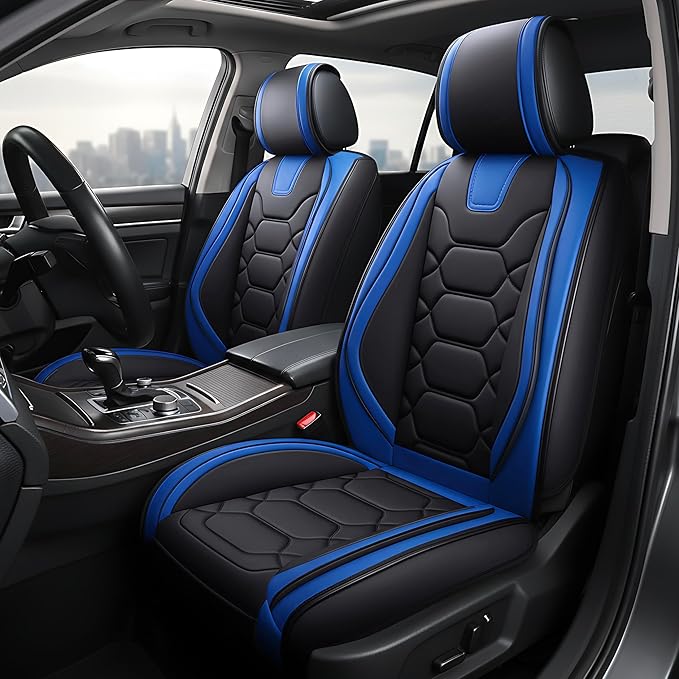 OASIS AUTO Car Seat Covers Front Seats, Waterproof Faux Leather Seat Covers for Cars Universal Fit for SUV, Truck, Sedan, Black Premium Car Seat Protector with Cushions (OS-004 Black&Blue)