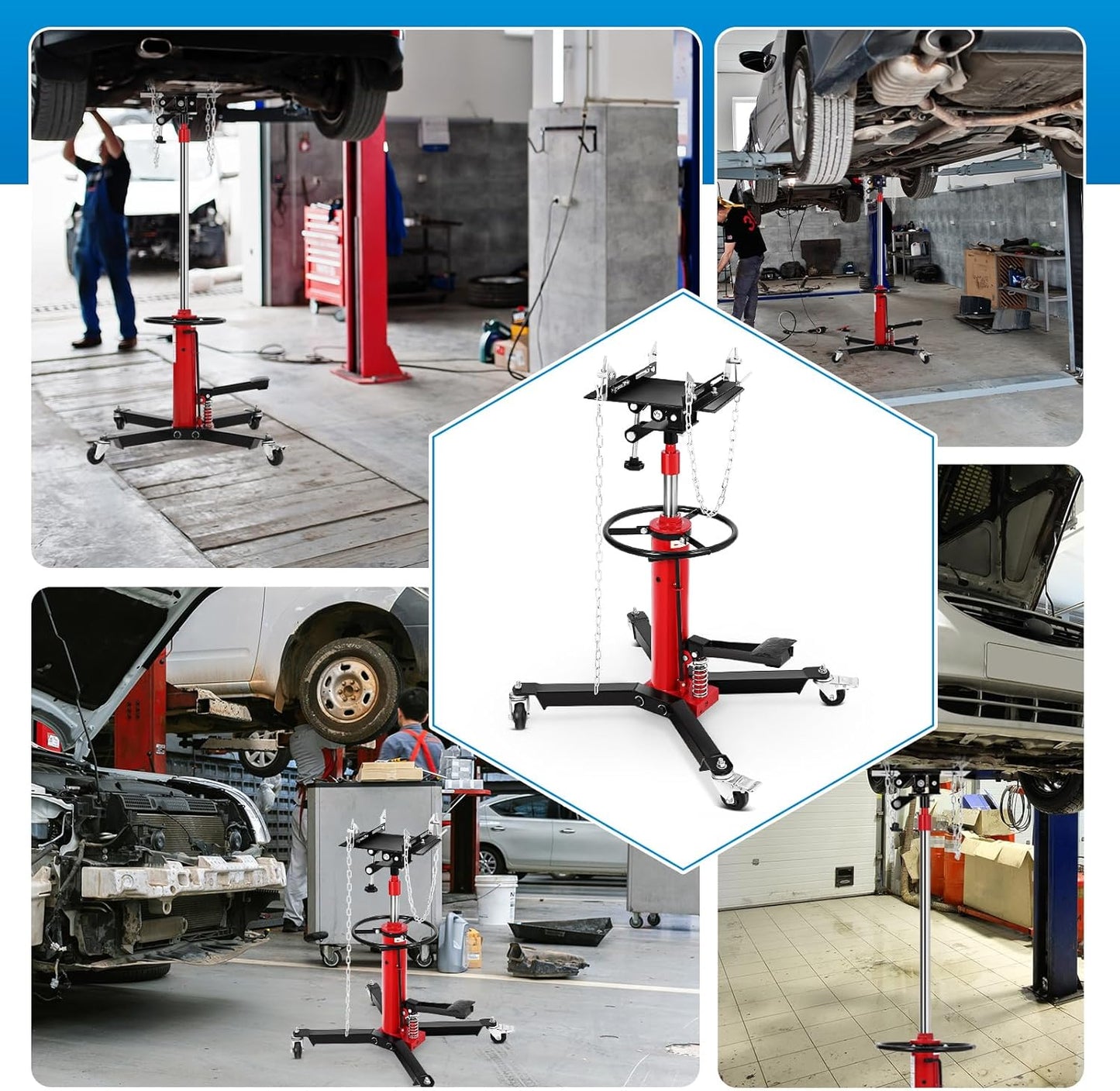 Transmission Jack, 1322lbs (3/5 Ton), 2-Stage Hydraulic Telescopic Jacks, Lifts 34"-68", with Foot Pedal & 360° Swivel Wheels, Ideal for Garage and Car Lifting, Heavy-Duty, Red