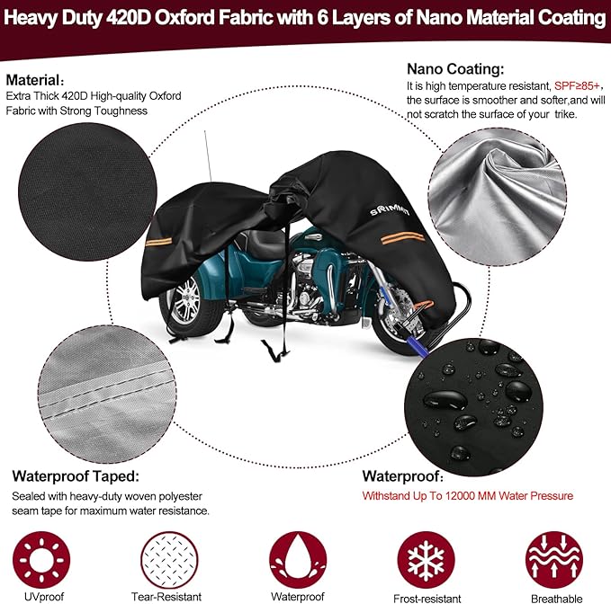 Trike Motorcycle Cover, Covers for 3 Wheel Harley Davidson Waterproof Outdoor Storage, Heavy Duty 420D Oxford Fabric Shelter for Honda, Tri Glide Cover with Zipper for Antenna, Rain Snow Protection