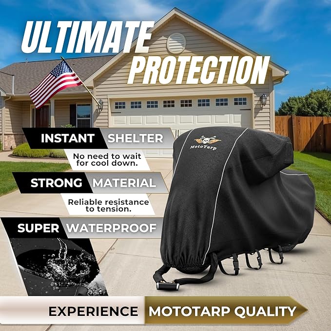 600D Heavy Duty Motorcycle Cover 100% Waterproof; License Plate Window, Exhaust Heat Guard, Night Reflectors, Wheel Lock Slots (Black, Large 90X35X52)