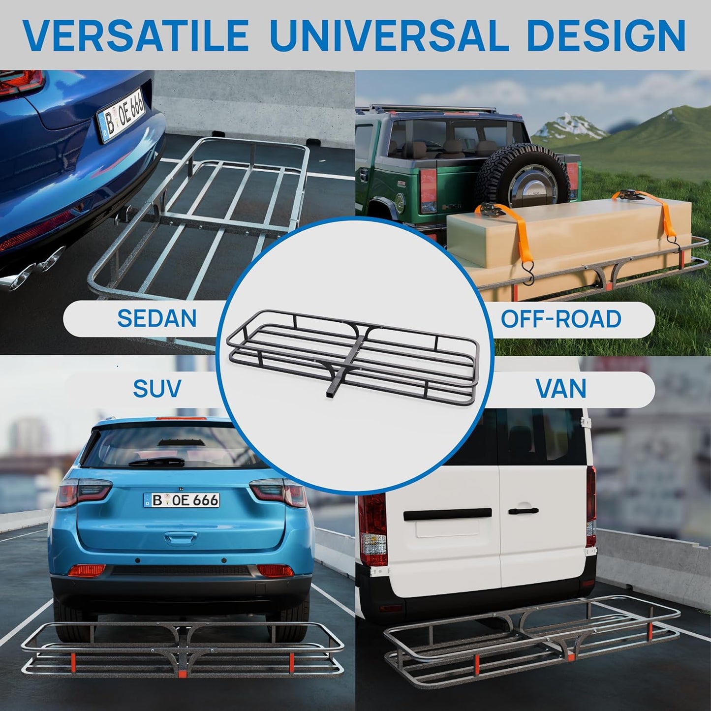 Bonnlo 54''X 19''X5.5'' Hitch Mount Cargo Carrier Basket with Stablizer and Straps, 500 LBS Capacity Rear Luggage Rack Basket Fits Sedan, SUV, TAN