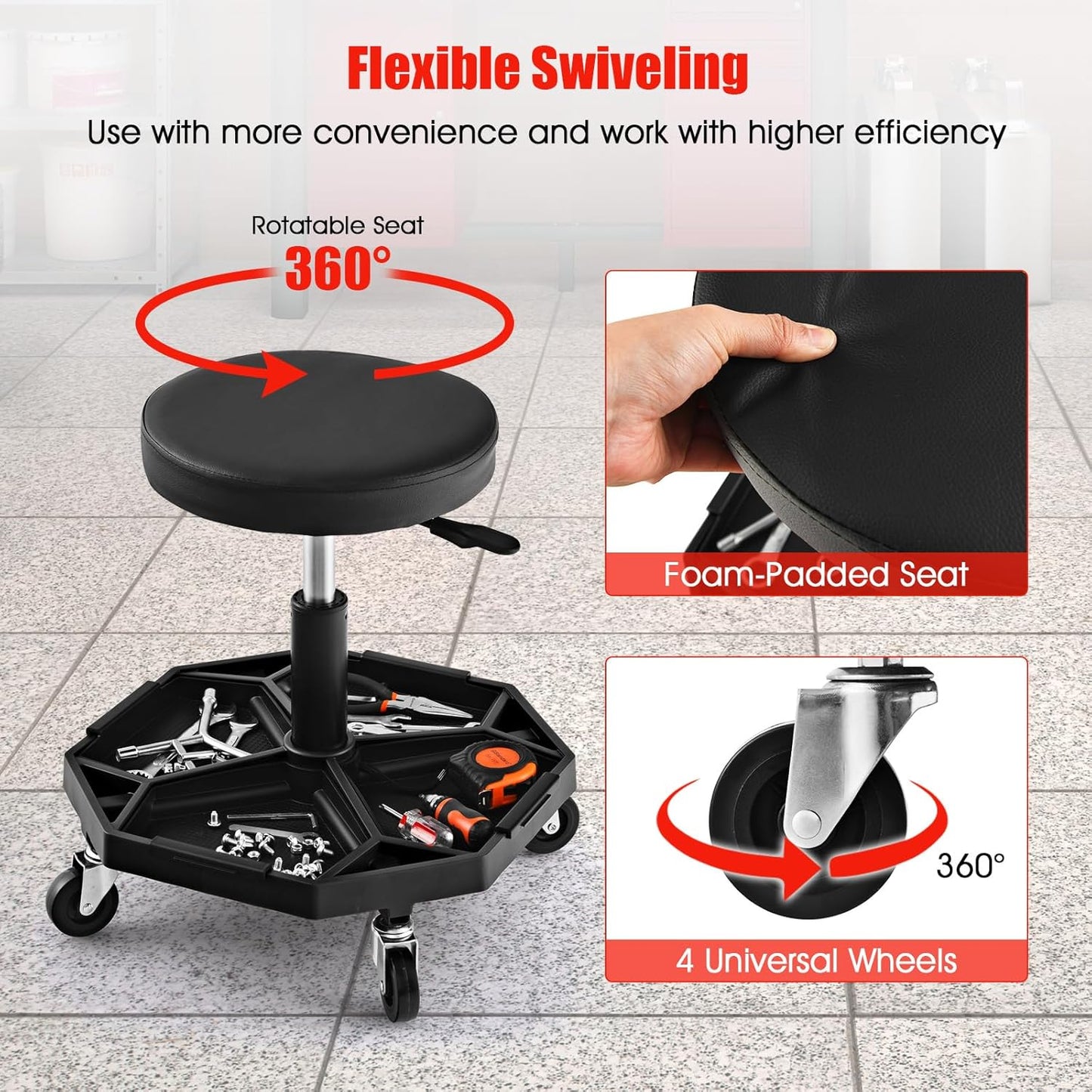 IRONMAX Rolling Mechanic Stool, Adjustable Shop Stool Creeper Seat with Removable Tool Tray, Padded Plush Cushion, Universal Wheels, Heavy Duty Metal Frame, 330 LBS Max Load (Black)