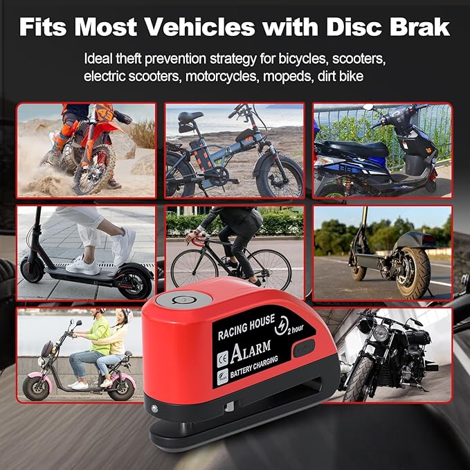 Motorcycle Alarm Disc Brake Lock With Reminder Cable - Rechargeable, 110 dB Sound, Anti-Theft Waterproof, 2 H Fast-Charging, 9 Months Standby, 7 mm Pin Universal for Bikes