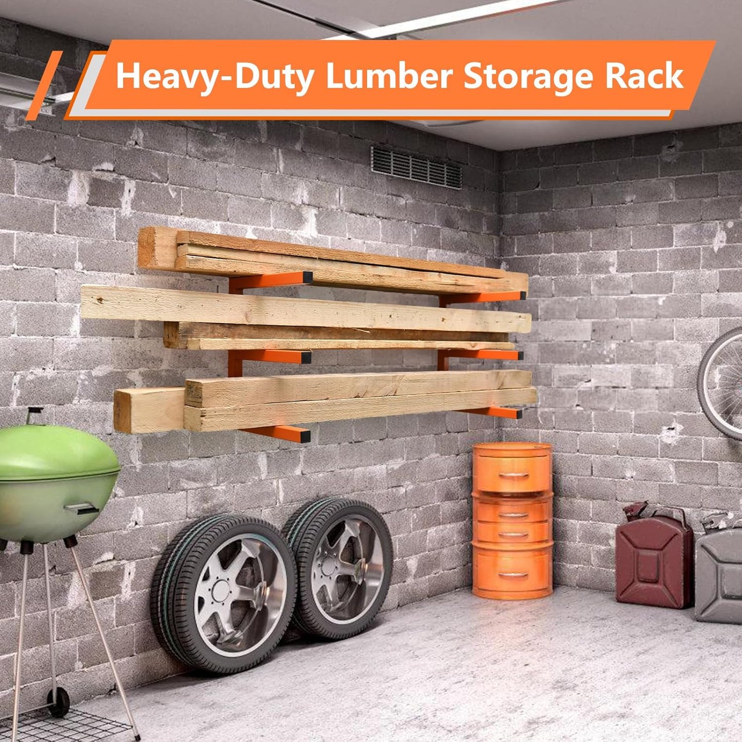 4 Pack Wood Organizer and Lumber Storage Rack Wall Mount, Heavy Duty Wood Storage Organizer Racks with 3-Level System for Garage, Workshop, Basement, Holds Up 220 LBS Per Level (Orange)