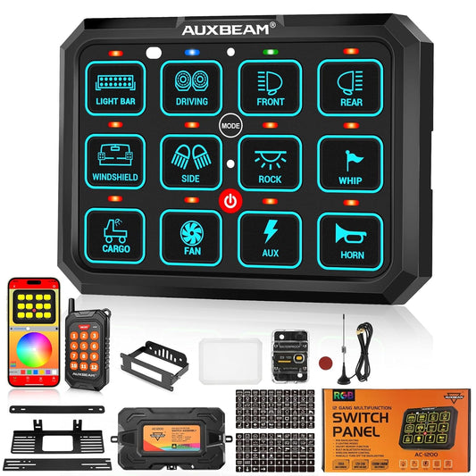 Auxbeam RGB 12 Gang Bluetooth Switch Panel AC-1200 w/165FT Long Range 433MHz Wireless Remote Control, Auto-Dimmable Panel w/Toggle Momentary Pulsed, Unique Patented Design Switch Pod Waterproof