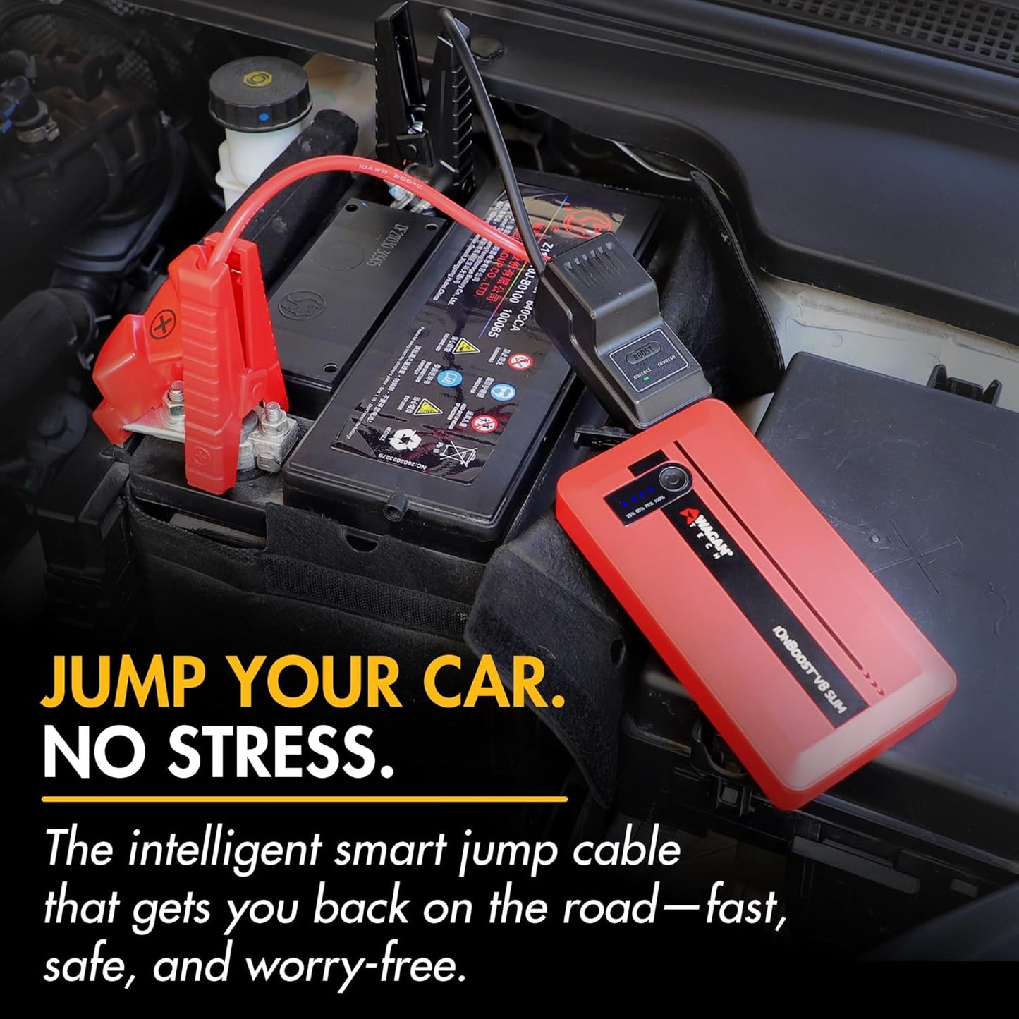 Wagan EL7601 iOnBoost V8 Slim Jump Starter 1200A Peak 12V Portable Lithium Car Battery Booster for Up to 4.0L V8 Gas or 2.0L Diesel 12V Jump Pack with USB Power Bank and LED Light