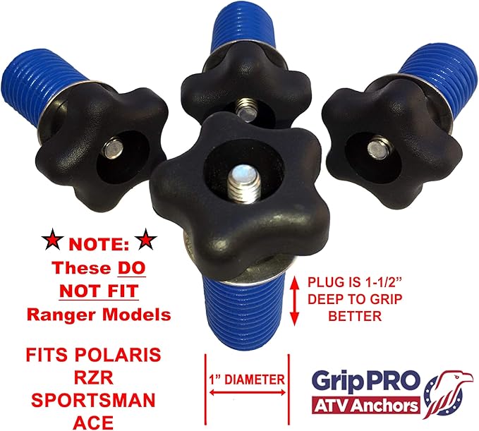 GripPRO Knob Tie Down Anchors 4 Pack for Polaris RZR, Sportsman & Ace with 1" Lock & Ride Bed Holes, Secure Gear, Coolers, Tools, Fits 1000, 900, 850, 570, Not for Ranger or General, US-Owned Brand