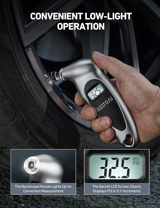 AstroAI Digital Tire Pressure Gauge 0-150PSI, Accurate in 0.1 Increments, Tire Gauge with Backlit LCD and Presta Valve Adaptor, 4 Units of Measurement for Car Truck Bicycle, Sliver