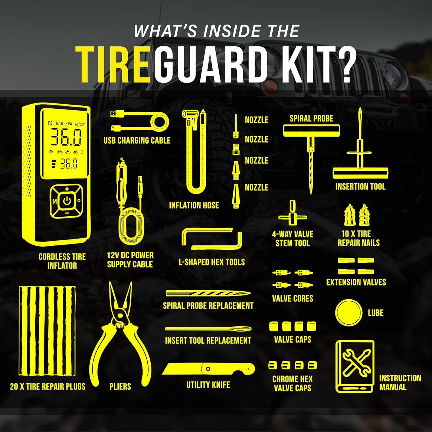 Tire Repair Kit with Air Compressor Car Emergency Kit with Universal Tire Plugs Repair Nails To Fix Punctures Roadside Assistance for Car Truck SUV Motorcycle ATV Tractor Trailer.