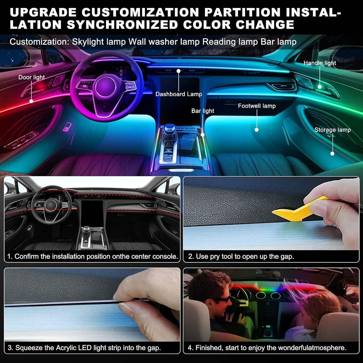 Dream+Color Acrylic Interior Car LED Strip Light with Wireless APP, RGB 14 in 1 with 175 inches 593 Neon Ambient Lighting Kits, Dynamic Chasing Music Sync LEDs Fiber Optic Strip Lights for Car