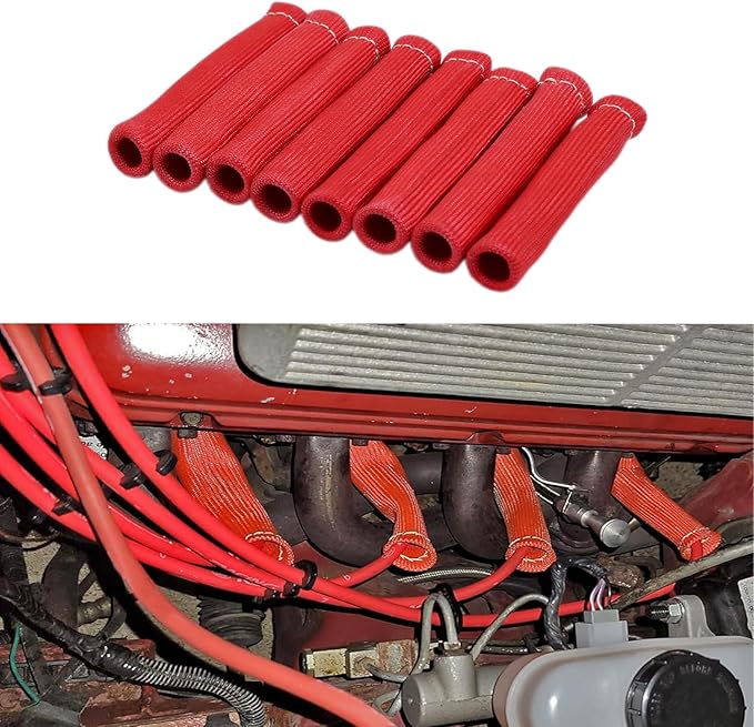 8Pcs 2500° Degree Spark Plug Wire Boots Heat Shield Protector Sleeve Cover Compatible with SBC BBC 350 454,6 Inch, Red