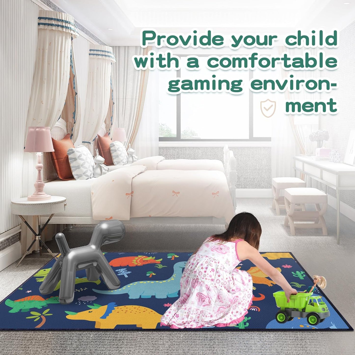 Cute Cartoon Dinosaur Rug for Boys Bedroom 59"x39" Bedroom Playroom Decor for Kids Lovely Dinosaur Animal Pattern Carpet Blue Rug Non-Slip Washable