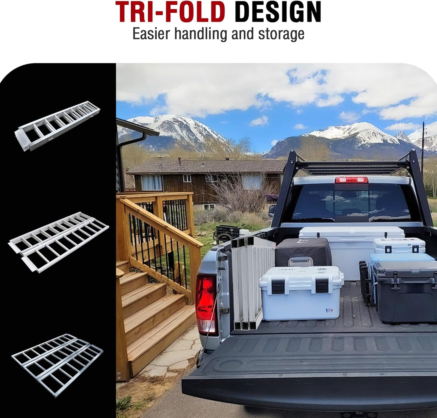 Rockland Tri-Fold Aluminum Loading Ramp, 69'' x 45'', 1500 LBS Loading Capacity, Portable Ramp for Motorcycles, Ebikes and ATVs, with 2 Safety Straps Included