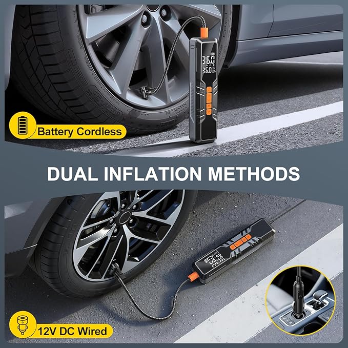 Tire Inflator Portable Air Compressor - 150PSI Cordless Air Pump for Car Tires, Portable Tire Inflator for Car, DC 12V Air Compressor with Pressure Gauge/LED Light for Auto/Bike/Motorcycle/Ball