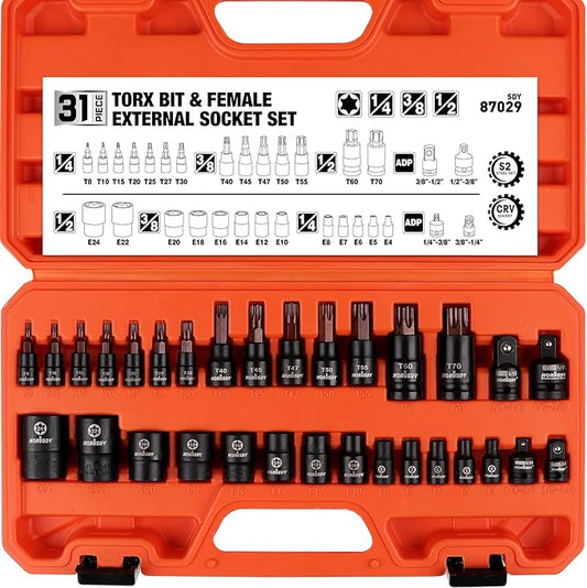 HORUSDY 31Pcs Torx Bit Socket Set,14 Star Bits (T8-T70) and 12 Female E-Torx Sockets (E4-E24), 4 Impact Socket Adapter Set with High Torque Laser Marked for Automotive Mechanic