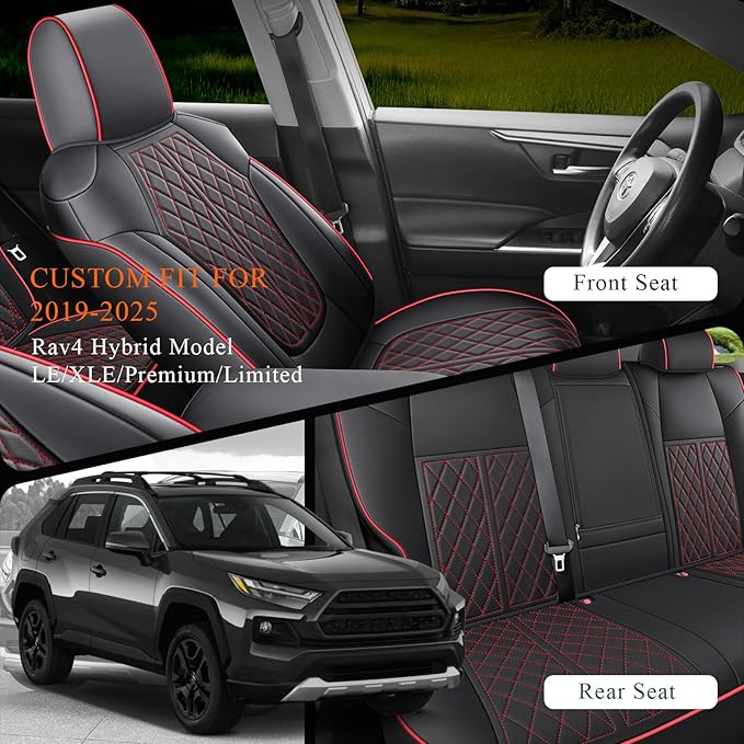 Rav4 Seat Covers Custom Fit for Toyota Rav4 Full Set Faux Leather Car Seat Covers Waterproof Full Coverage(Black Redline, Hybrid Model 2019-2025 LE/XLE/Premium/Limited)