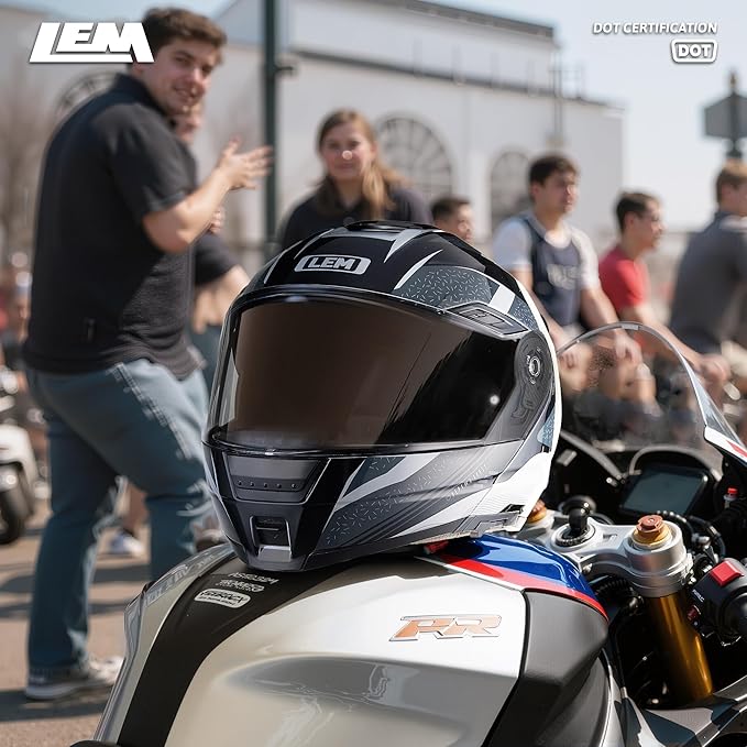LEM Modular Motorcycle Helmets Fiberglass, Full Face Motorcycle Helmet Flip Up for Touring, DOT Certified, Release Sun Visor & Removable Comfort Liner, Lightweight Street Bike Helmet (Grey/Black,M)