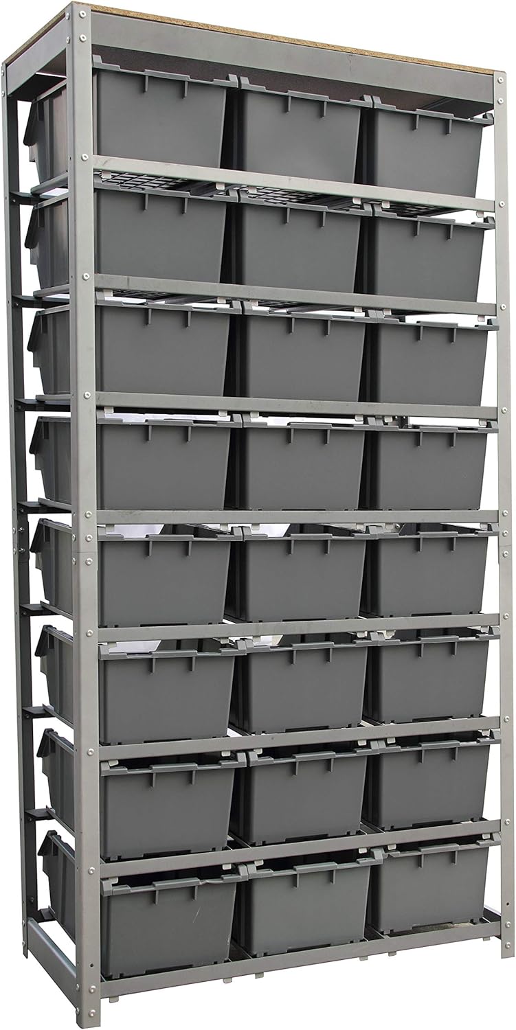 King's Rack Bin Rack Storage System Heavy Duty Steel Rack Organizer Shelving Unit w/ 24 Plastic Bins in 8 Tiers