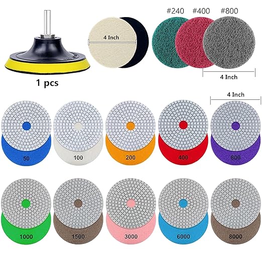 4 Inch Diamond Polishing Pads, 22 PCS 50-8000 Grit Wet/Dry Granite Stone Polish Pad Kit with 5/8’’-11 Backer Pad, Drill Adapter and Wool Disc for Granite Marble Concrete Stone Tile
