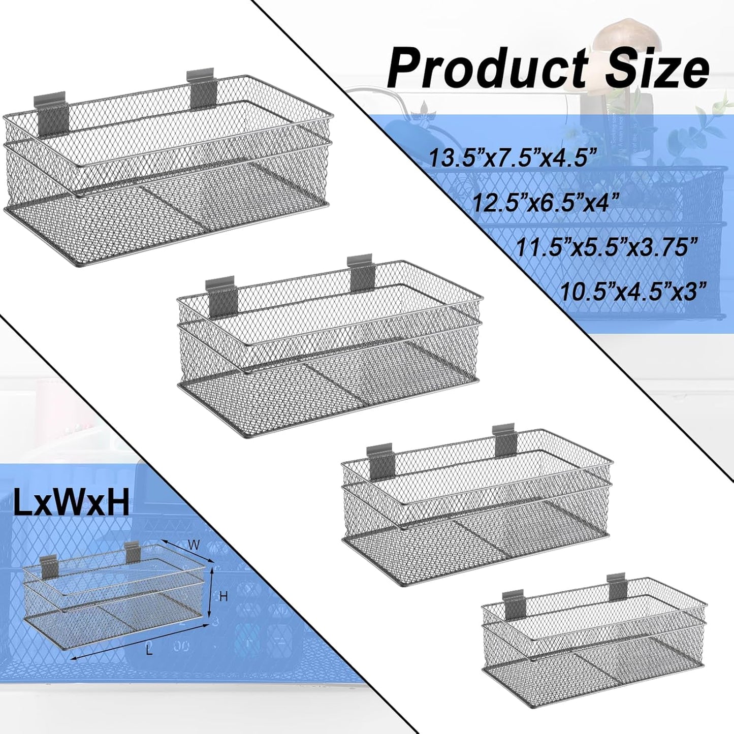 Barydat 4 Pcs Slatwall Basket Set Ventilated Metal Slatwall Basket Hanging Wire Bins Wall Mounted Accessories for Panel Garage Storage Display Organizing(Multi Size,Gray)