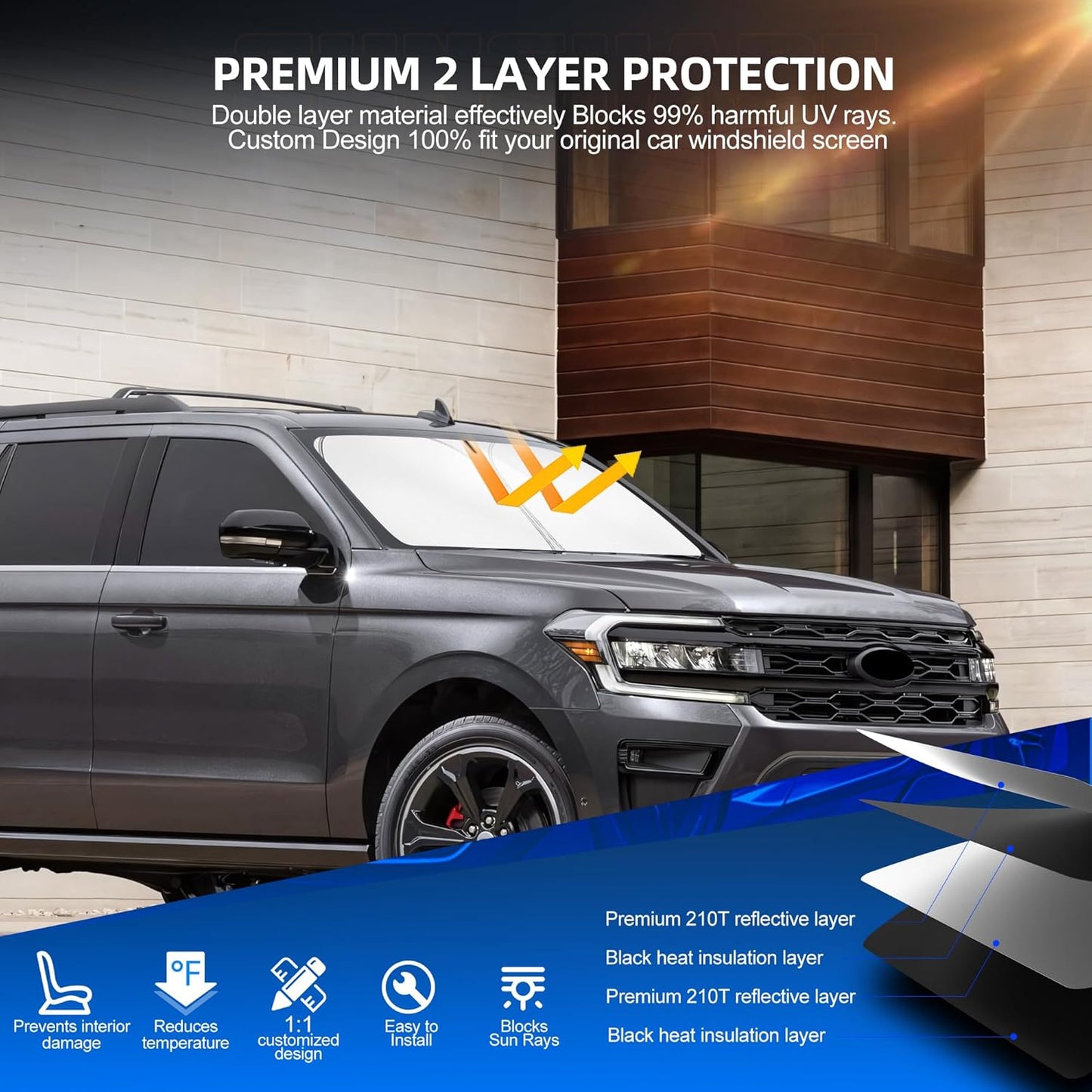 Windshield Sun Shade for Ford Expedition 2018-2025 Foldable Sunshade Custom Fit Front Window Car Interior Accessories Protector Blocks UV Rays