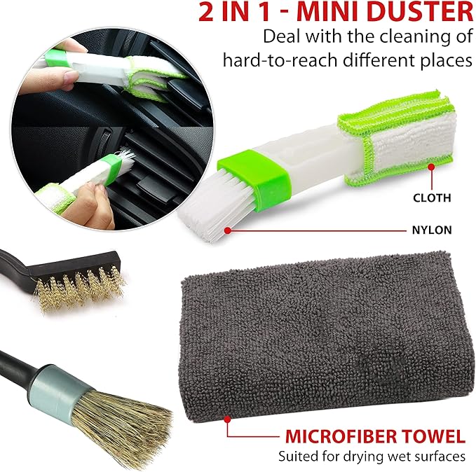 TAKAVU Complete Car Detailing Brush Kit (10 Piece) - Boar Hair Detail, Wire & Vent Brushes with Microfiber Towel for Wheels, Interior, Engine Bay Cleaning