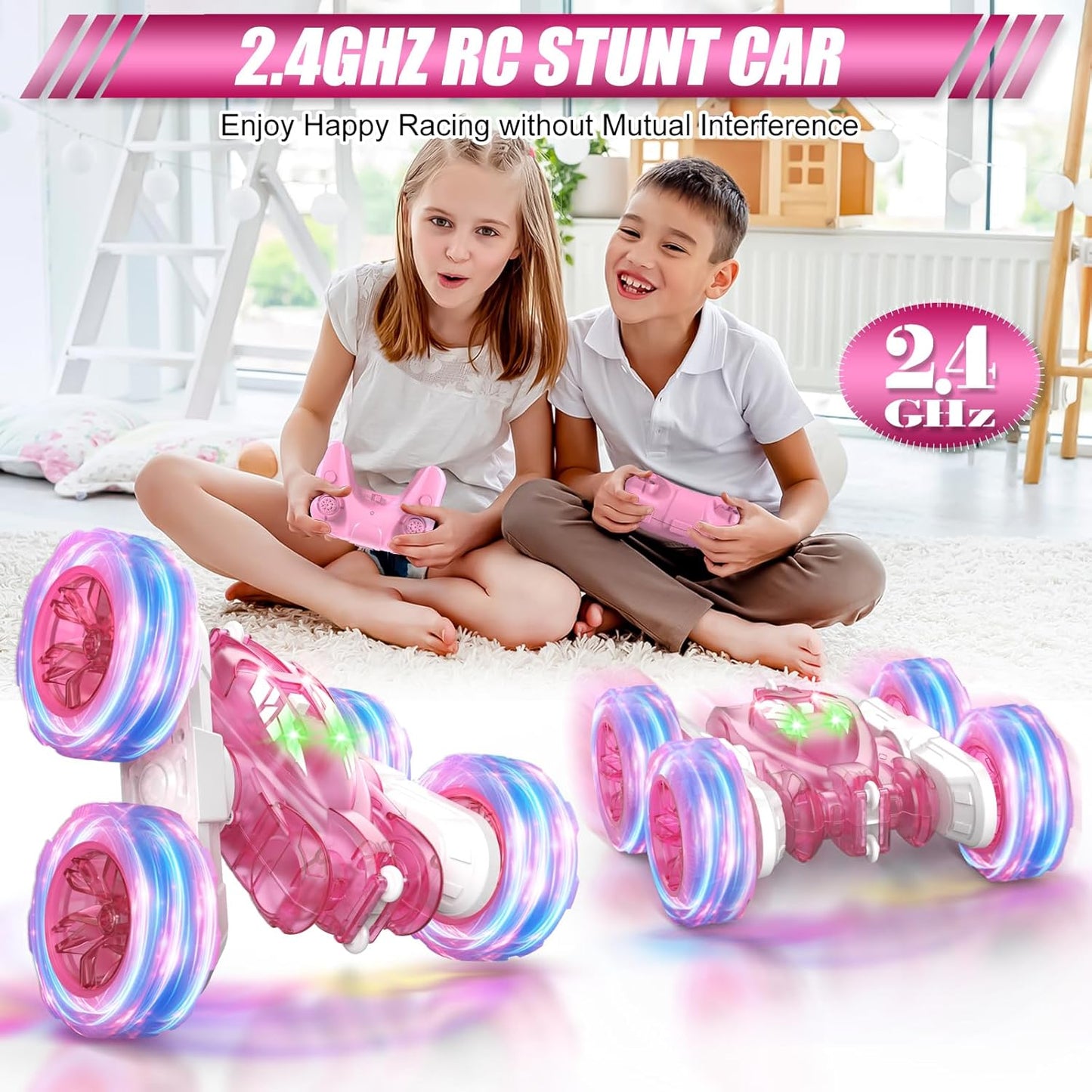 Pink Remote Control Car for Girls Rechargeable Fast Direct Charging RC Cars for Kids with Colorful Light,Double-Sided 360° Rotating RC Stunt Car 4WD RC Car Toys for Ages 5-7 Gift for Girls Aged 6-12