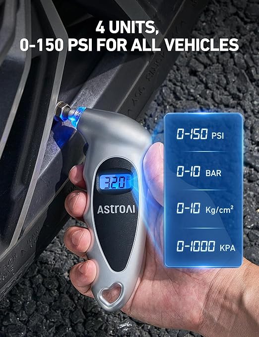 AstroAI Digital Tire Pressure Gauge 0-150PSI, Accurate in 0.1 Increments, Tire Gauge with Backlit LCD and Presta Valve Adaptor, 4 Units of Measurement for Car Truck Bicycle, Silver 3Pack