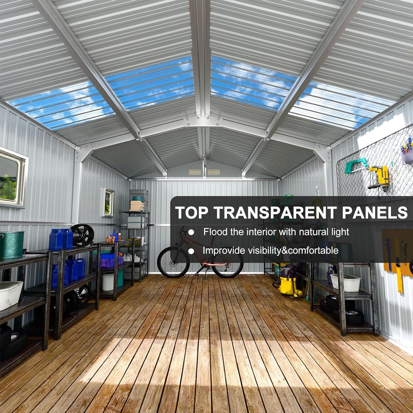 10x12 FT Metal Outdoor Shed with Floor Frame Kit Extra Large Waterproof Tools Storage House with Transparent Top Panel Windows Air Vent for Garden Backyard to Store Bikes,Lawnmower,Dark Grey
