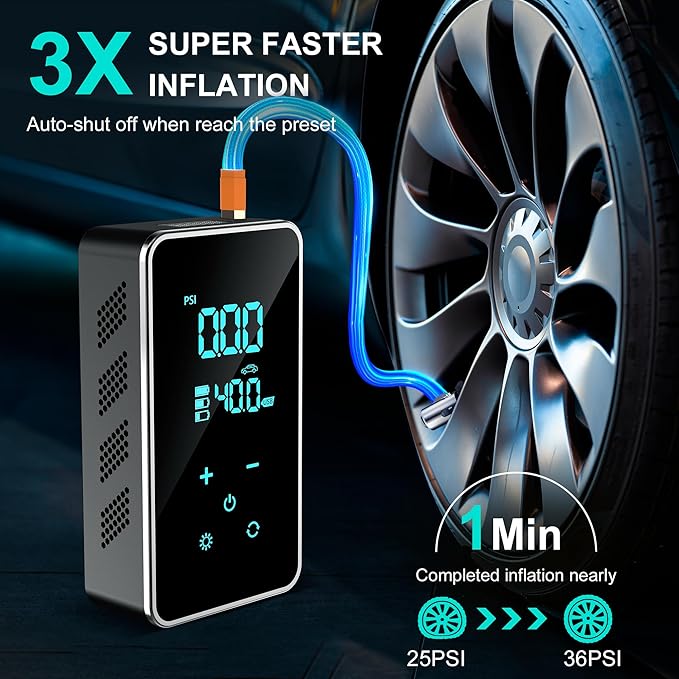 Tire Inflator Portable Air Compressor for Car Tires-Super Battery Air Pump 150 PSI- Tire Pump Electric with Touch Screen-Portable Tire inflator with Gauge for Bike, Motocycle, Ball (Black Green)