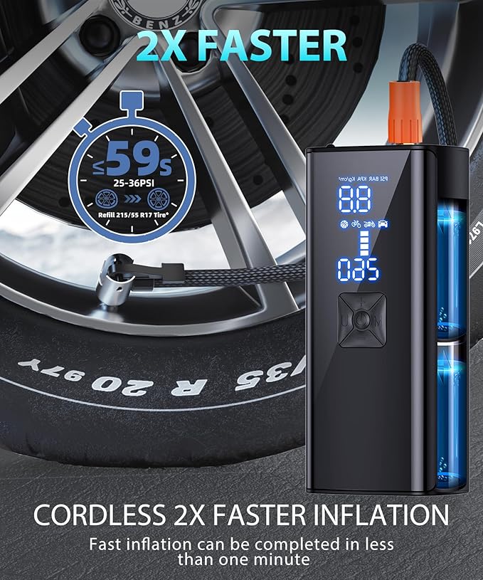 Tire Inflator Portable Air Compressor, 150PSI Tire Inflator with Pressure Gauge, 2X Faster Air Pump for Car, Blike, Motorcycle, Ball and More