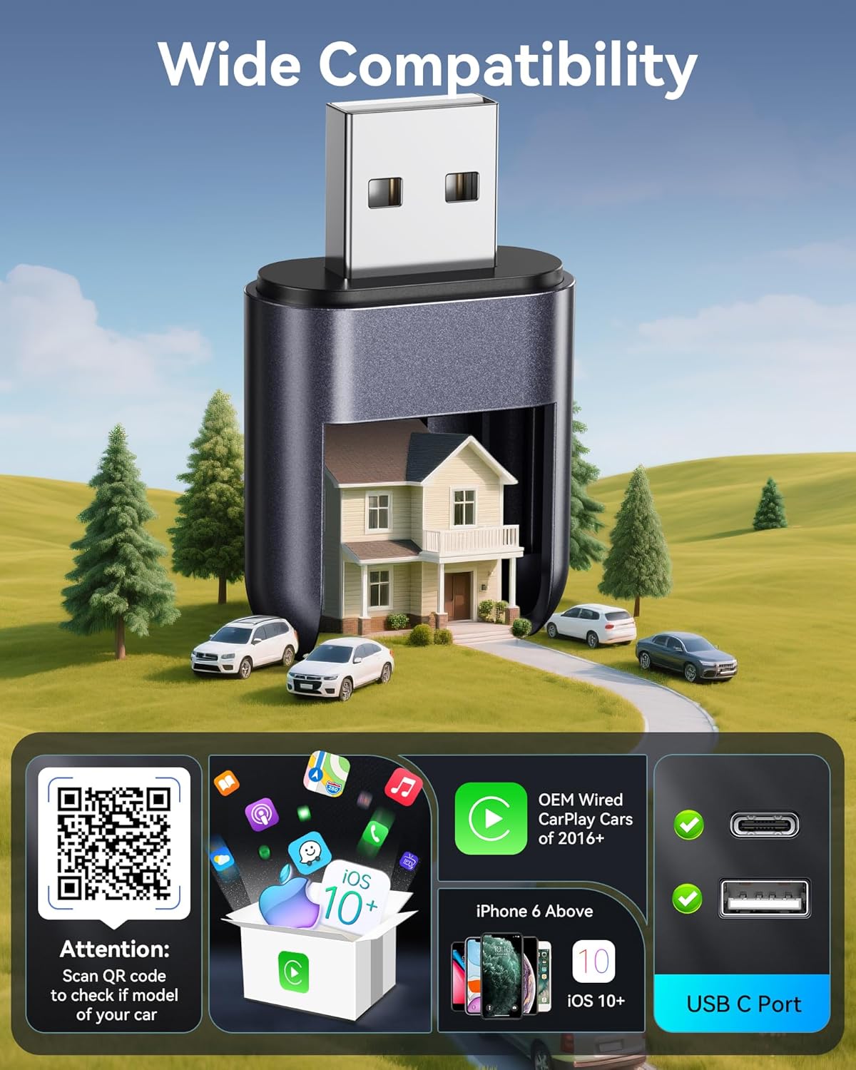 Burnt Sugar Wireless CarPlay Adapter for iPhone 2025 Upgrade, Wired to Wireless Ultra-Mini for Apple Car Play Adapter, WI-FI + Bluetooth Connect Stable Plug & Play for iOS 10+ & Cars from 2016+ (Gray)