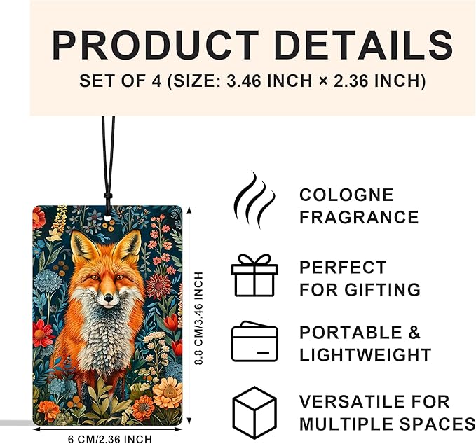 Boho Nature-Inspired Fox Illustration Card Car Air Freshener 4 Pcs,Rustic Farmhouse Woodland Animal Card Air Freshener Hanging for Cars Books Closet Drawer, Witchy Car Accessories for Women Men