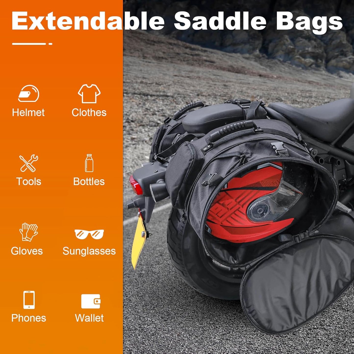 Motorcycle Saddlebags with Protective Cover, Large Capacity Extendable Saddle Bags Motorcycle Side Bag with Reflective Strip