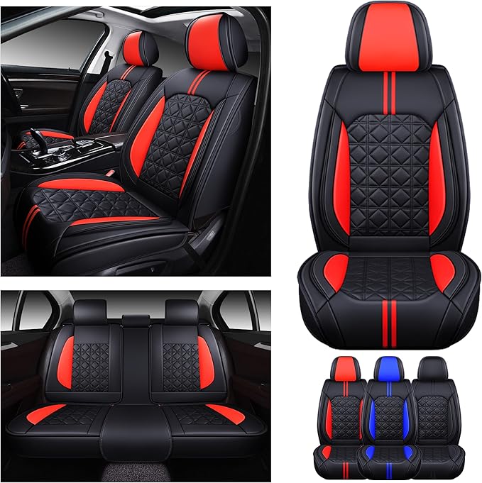 OASIS AUTO Car Seat Covers Full Set Premium Waterproof Faux Leather Cushion Universal Accessories Fit SUV Truck Sedan Automotive Vehicle Auto Interior Protector (OS010-Black&Red)