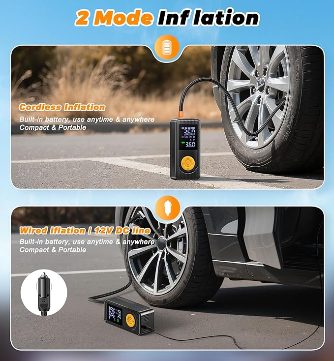 Tire Inflator Portable Air Compressor - 150 PSI 4X Fast Inflation Rechargeable Battery & 12V DC Adapter Powered Air Pump for Car Bike Motorcycle Tires Balls with LCD Display, LED Light Christmas Gift