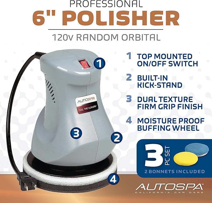 AutoSpa 94000AS Random Orbital 6" 120V Automotive Polisher with 2 Bonus Bonnets