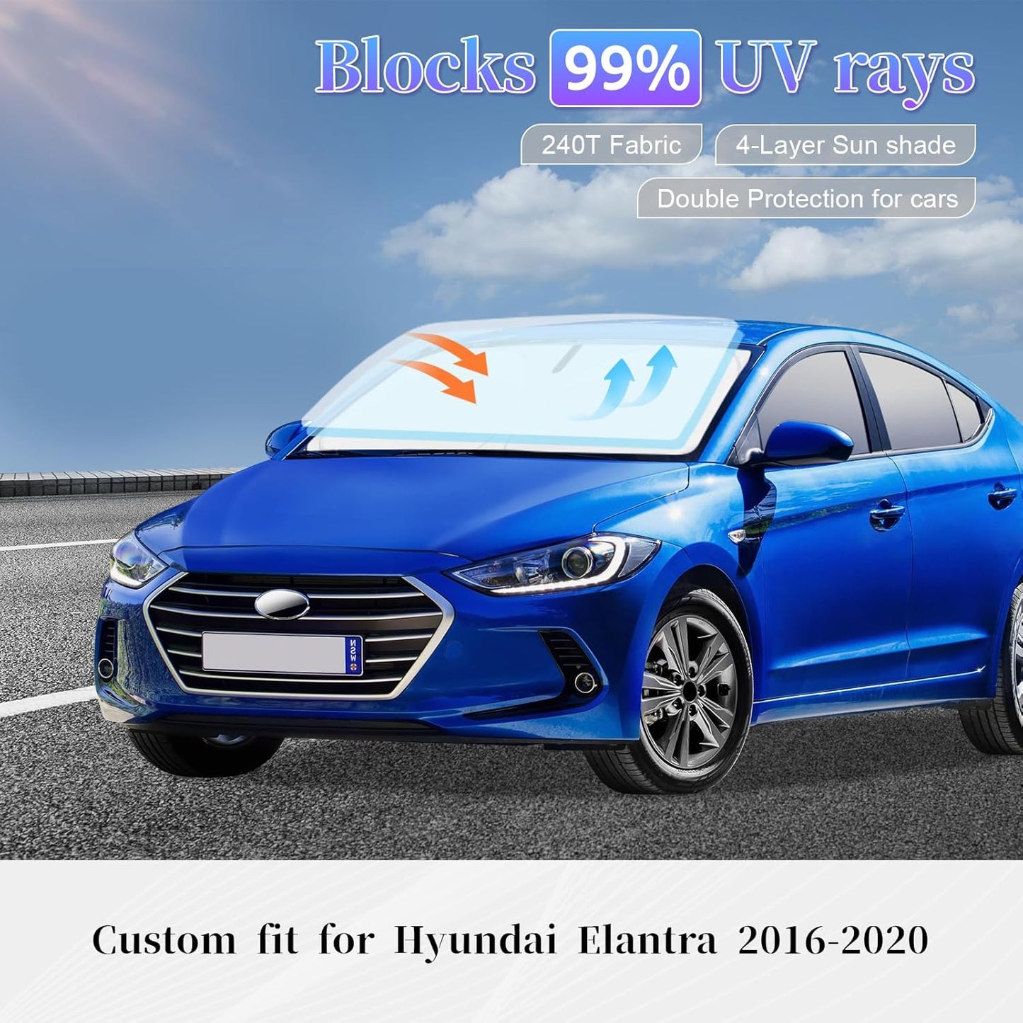 Sun Shade Sunshade for Hyundai Elantra Windshield Cover, 4-Layer Front Window Shade Custom fit Elantra 2016-2020 Sun Visor 240T Retractable Shade Shield Blocks UV Rays Cooler Car Accessories