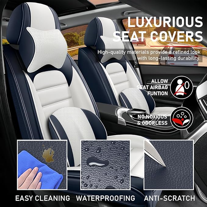 Car Seat Covers Fit for Toyota Highlander 2000-2025 | 7 Seat Car Seat Cover | No-Slip Waterproof Breathable Faux Leather Automotive Seat Covers Auto Interior Covers Blue White,Full Set with Pillow