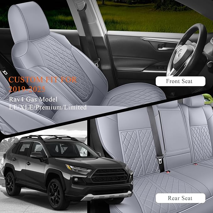 Rav4 Seat Covers Custom Fit for Toyota Rav4 Full Set Faux Leather Car Seat Covers Waterproof Full Coverage (Grey, Gas Model 2019-2025 LE/XLE/Premium/Limited)