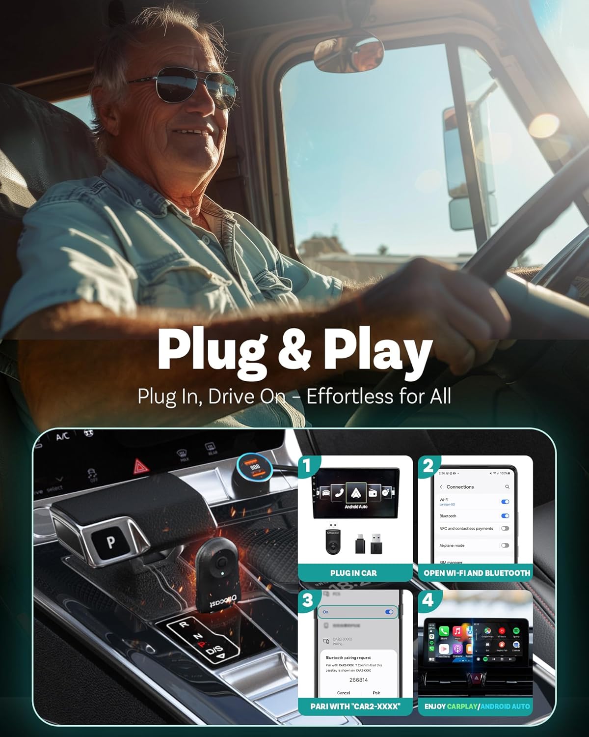 OTTOCAST Mini 2025-2-in-1 Wireless CarPlay/Android Auto Adapter, 5GHz WiFi, Auto Connect for 2016+ Cars