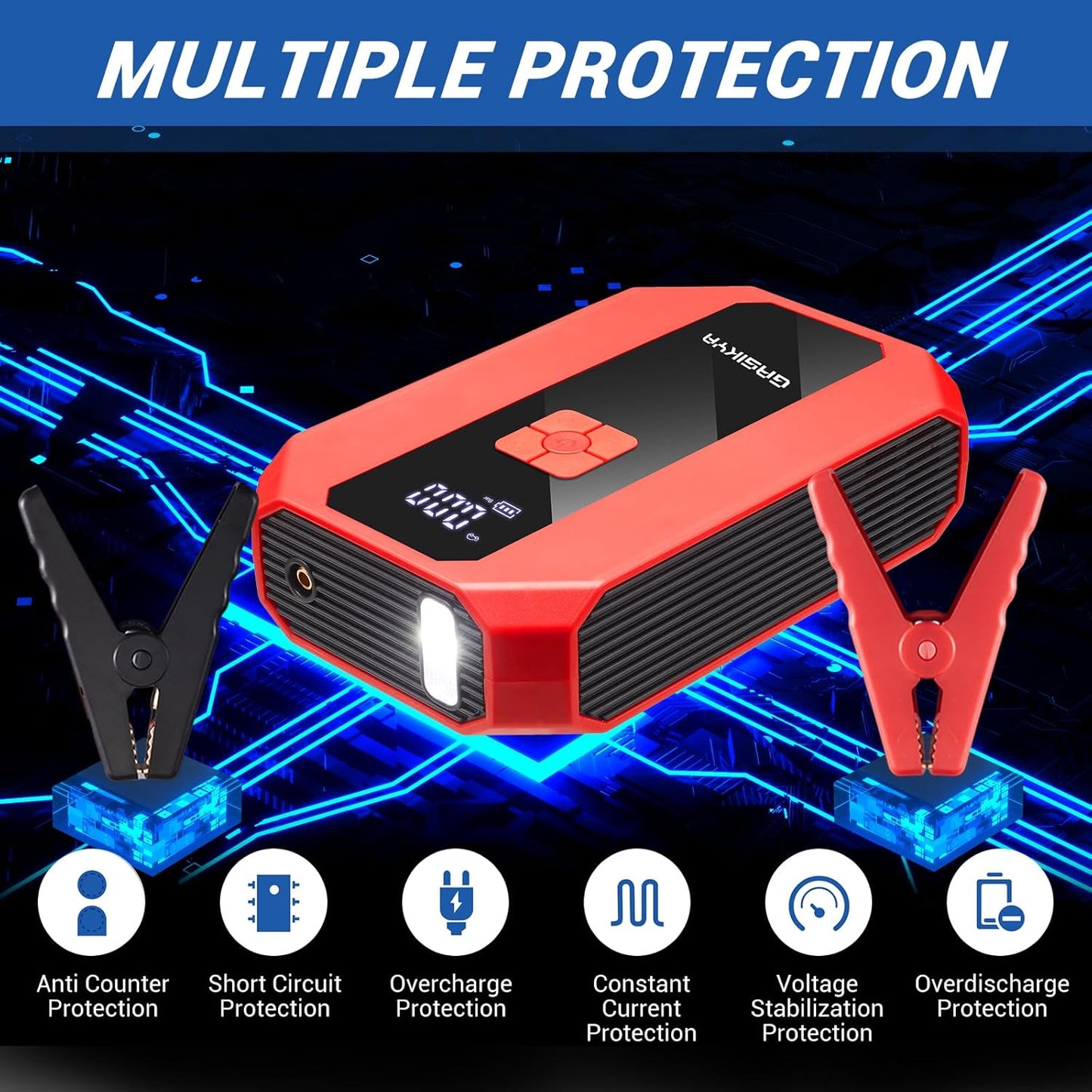 TM16E2 Car Jump Starter 7000Ah Jump Starter Battery Pack for Up to 5.0L Gas and 3.0L Diesel Engines, 29.6Wh Portable 12V Jump Box with USB Ports, LCD Display, Storage Case, and LED Light