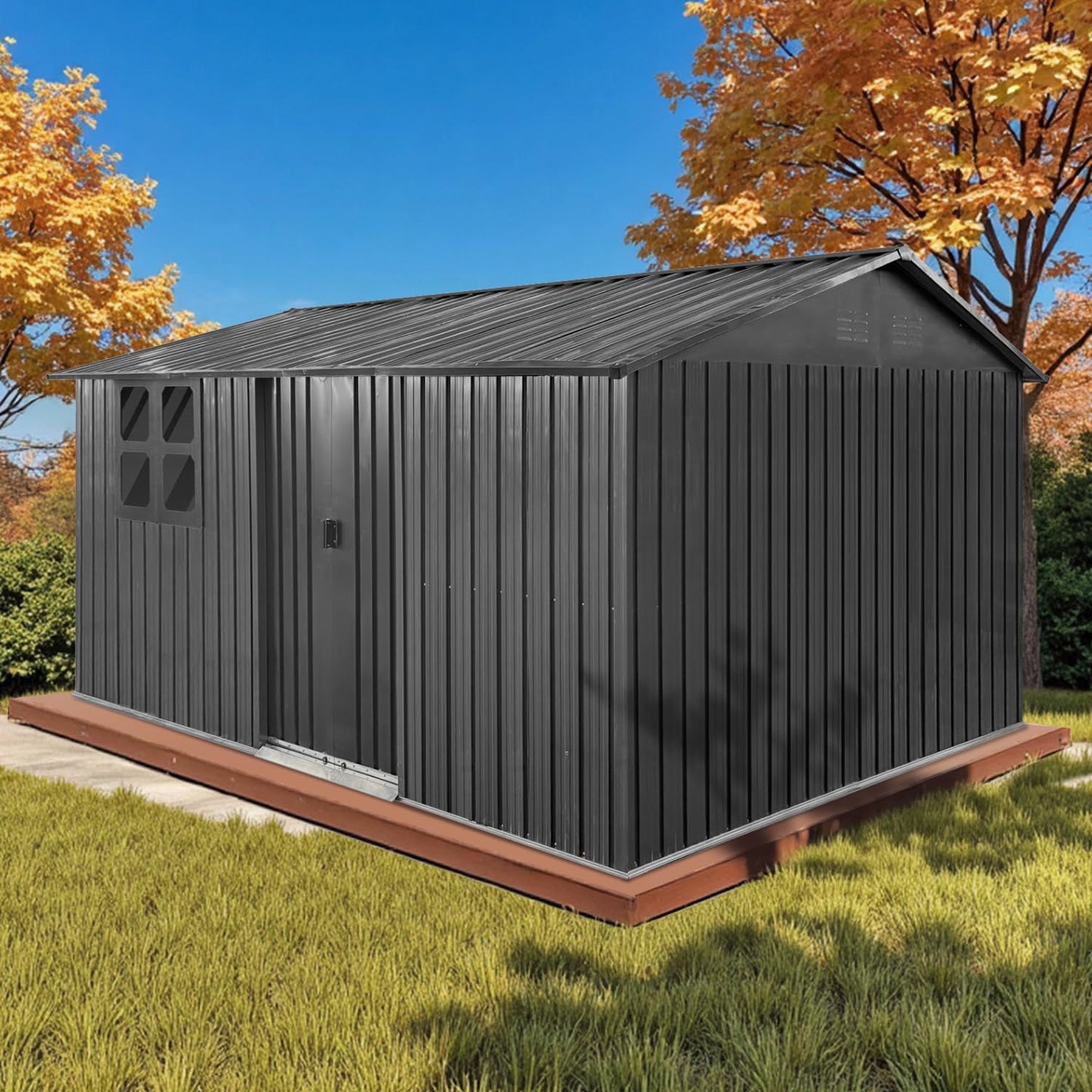 12x10 Ft Storage Shed Outdoor, XL Permanent Steel Building with Window, Sliding Doors and 4 Air Vents for Backyard Garden Patio Lawn - Black